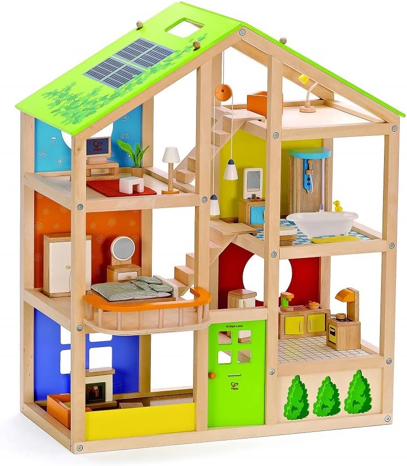 All Seasons Kids Wooden Dollhouse by Hape | Award Winning 3 Story Dolls House Toy with Furniture, Accessories, Movable Stairs and Reversible Season Theme L:... 