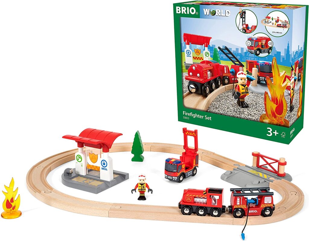 BRIO 33815 Rescue Firefighter Set | 18 Piece Train Toy with a Fire Truck, Accessories and Wooden Tracks for Ages 3 and Up