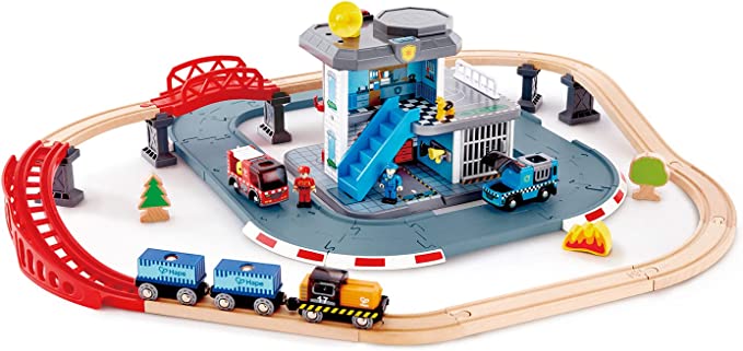 Hape Emergency Services HQ | 2-in-1 Police and Fire Station Complete Play Set 