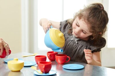 Green Toys Tea Set, Blue/Red/Yellow - 17 Piece Pretend Play