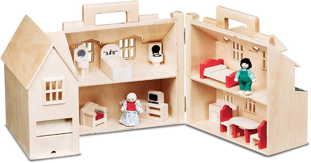 Melissa & Doug Fold & Go Wooden Dollhouse With 2 Play Figures and 11 Pieces of Furniture